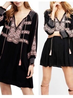 Free People Wind Willow Embroidered Boho V-Neck Mini Dress Black Size L EUC